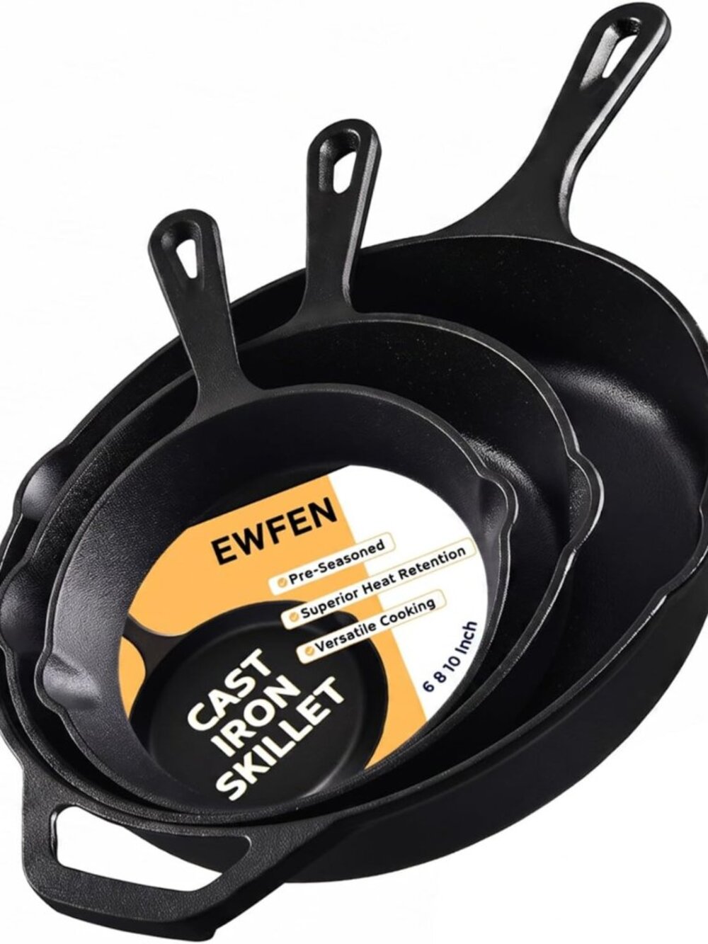 3-Piece Cast Iron Skillet Set - Pre-Seasoned Heavy-Duty Cookware for Frying